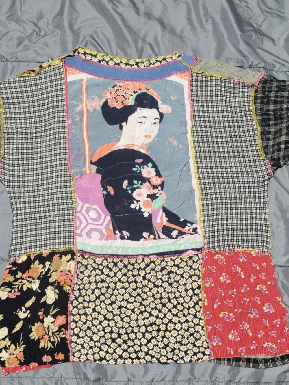 Vintage Faith Geisha Portraits 90's Vintage Rayon Tunic Patchwork Blouse